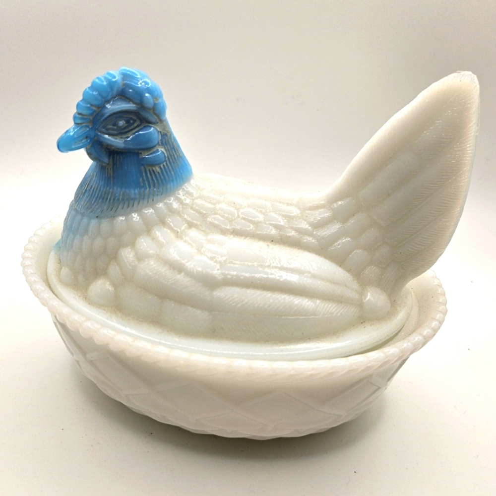 Vintage Chicken Hen Milk Glass Covered Dish Westmoreland Blue Head